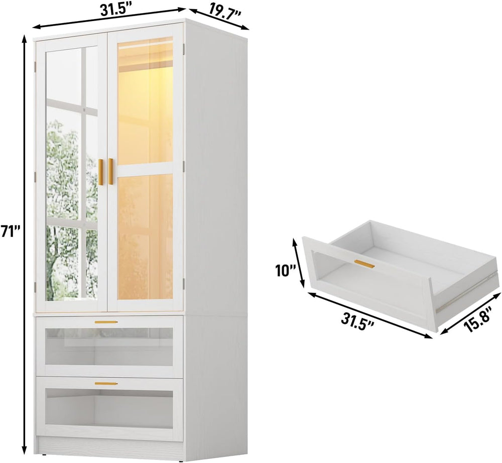 2 Doors Armoire Wardrobe Closet with LED and Mirror,71" H Freestanding W...