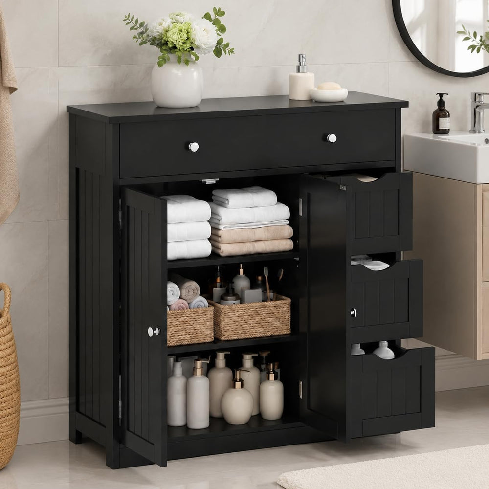 Bathroom Storage Cabinet, Freestanding Floor Cabinet with 4 Drawers, Black