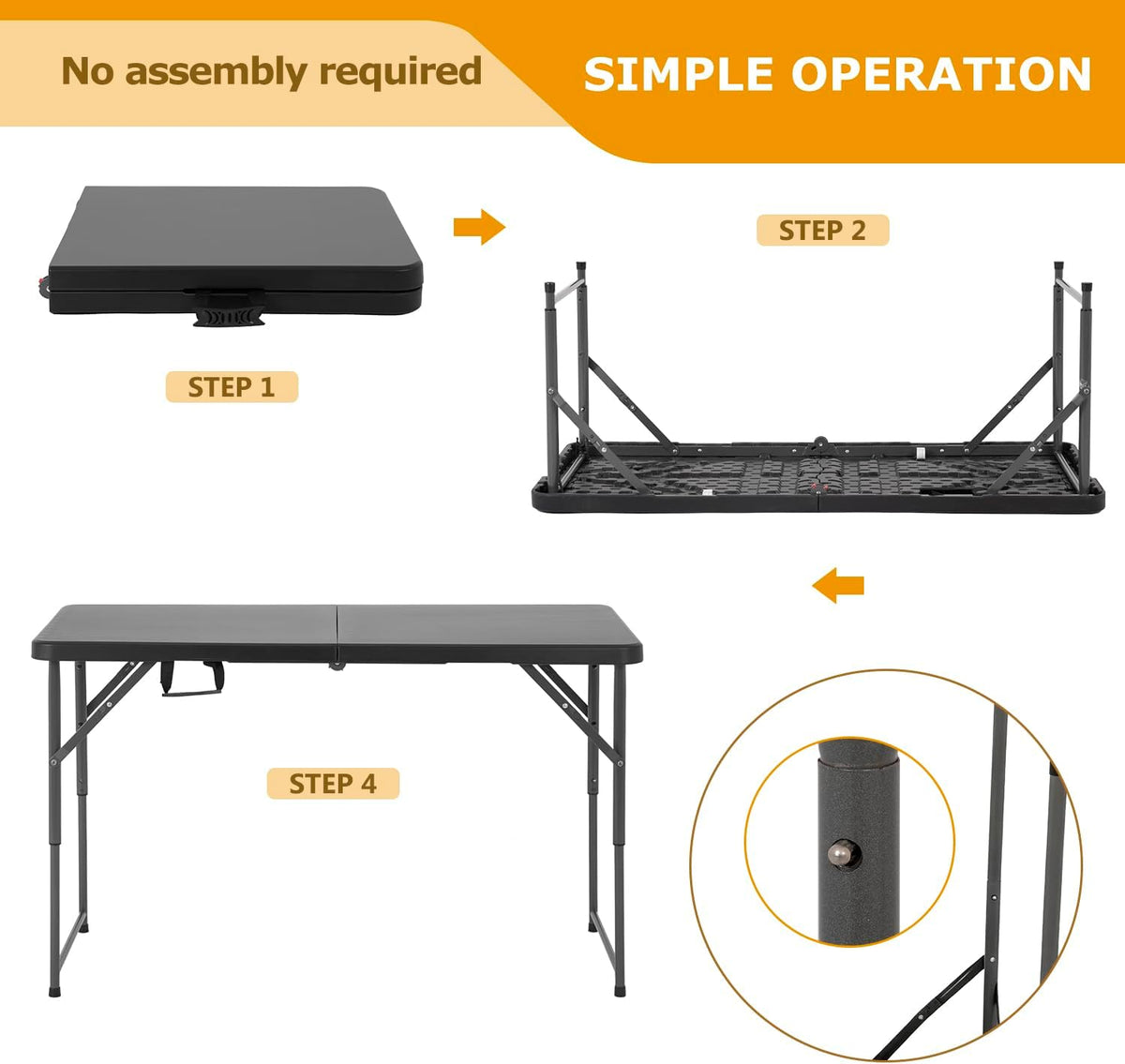 FDW | 4FT Folding Table | Black | Portable Plastic Table