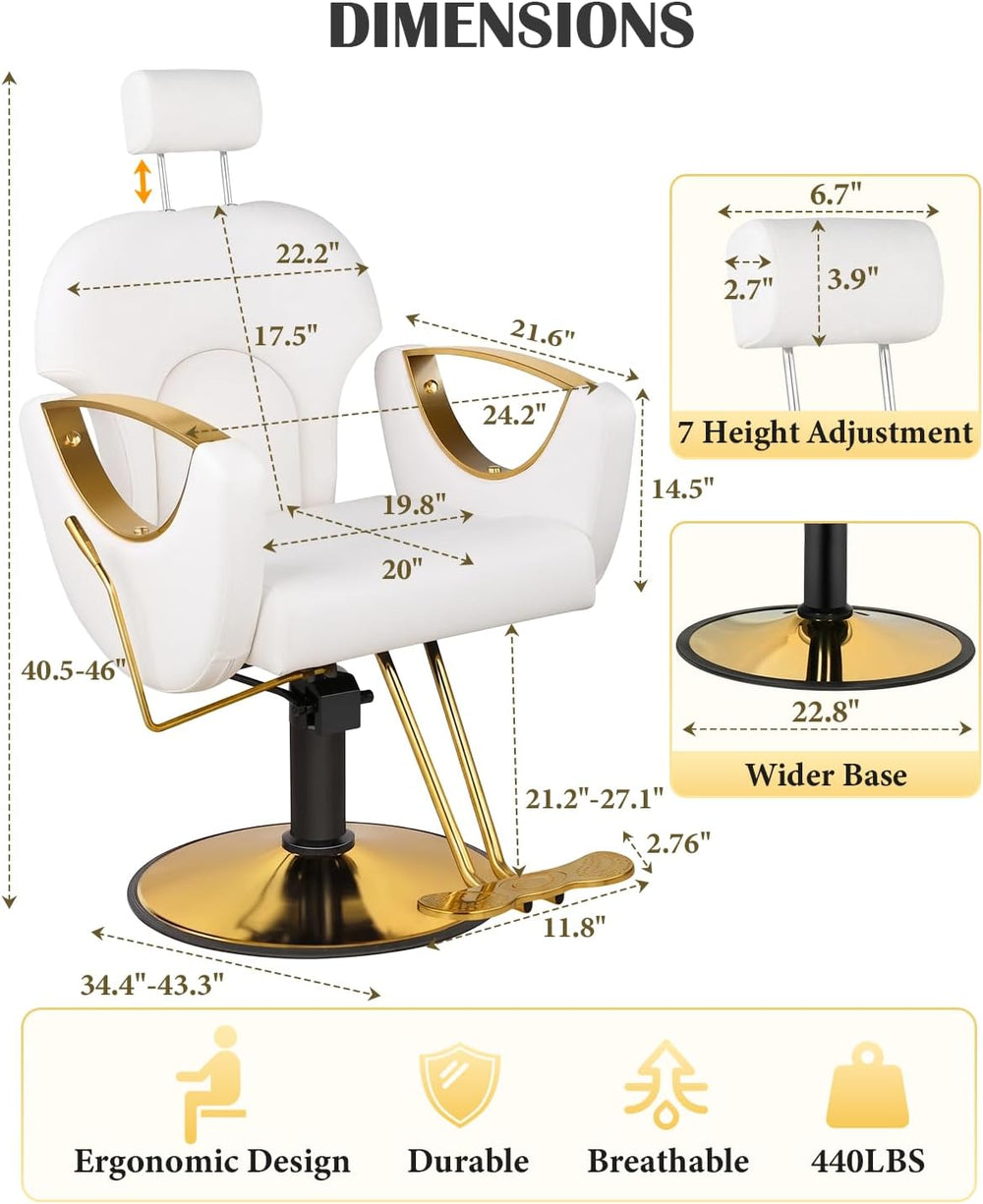 Salon Barber Chair for Hair Stylist, White Styling Chair with Height‑Adjustab...