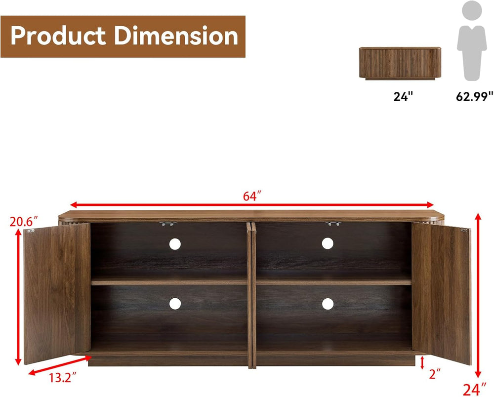 64" Fluted Walnut Sideboard Buffet Cabinet with Storage