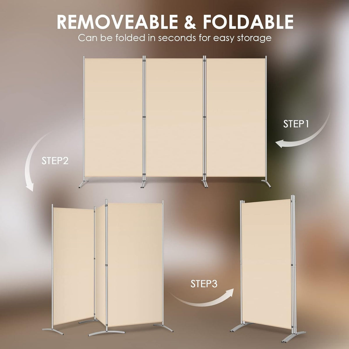 RANTILA 3 Panel Room Divider, 6 Ft Tall Folding Privacy Screen Freestanding Room Partition Wall Dividers, 102''W x 20''D x 71''H, Beige