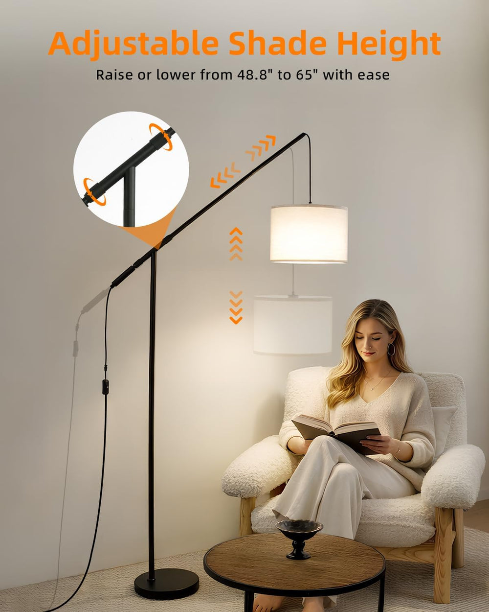 Arc Floor Lamp with Remote Control, LED Reading Light for Living Room