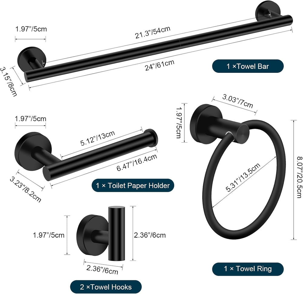 5pcs Matte Black Bathroom Accessories Set, 24 inch Towel Bar