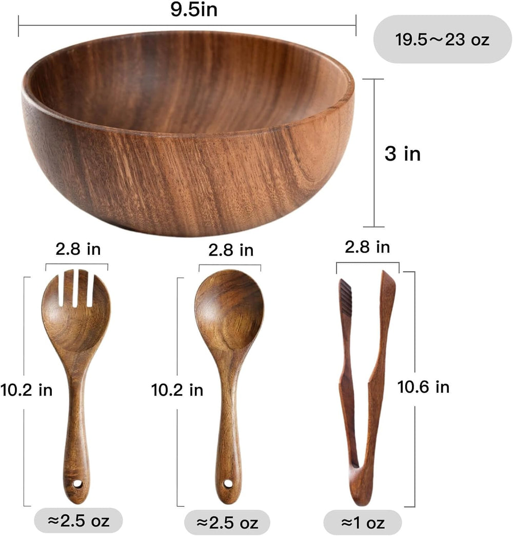 Wooden Salad Bowl Set, Acacia Wood, 4-Pcs, 9.5 Inch,Couple bowls