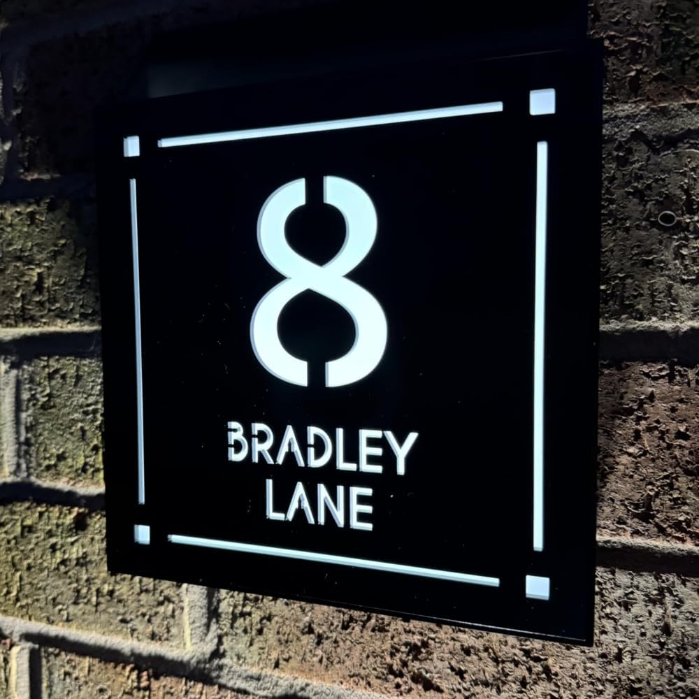 Personalised 45 LEDs Illuminate Modern Square Solar House Sign Plate, Customi...