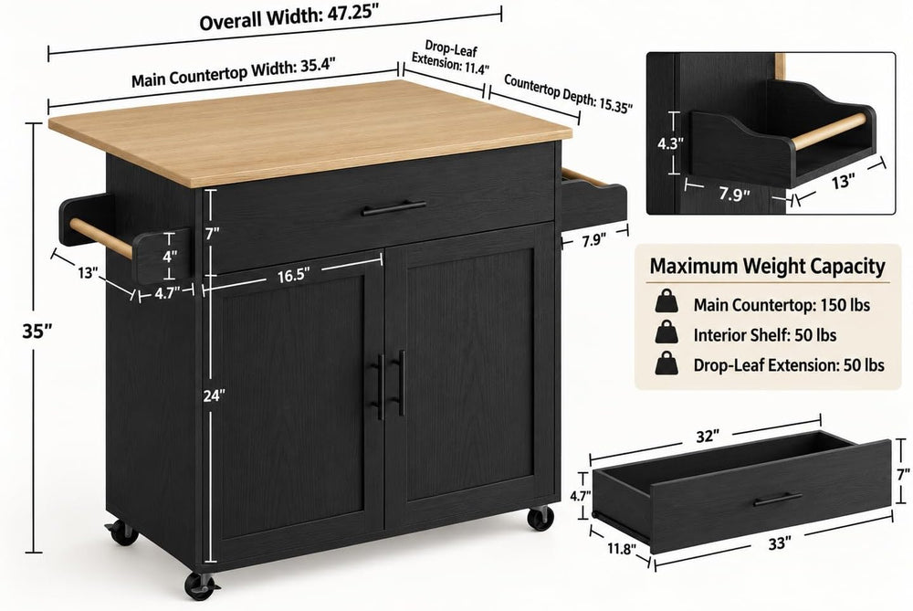 IRONCK Kitchen Island Table on Wheels with Drop Leaf, 47.25" Wide Black