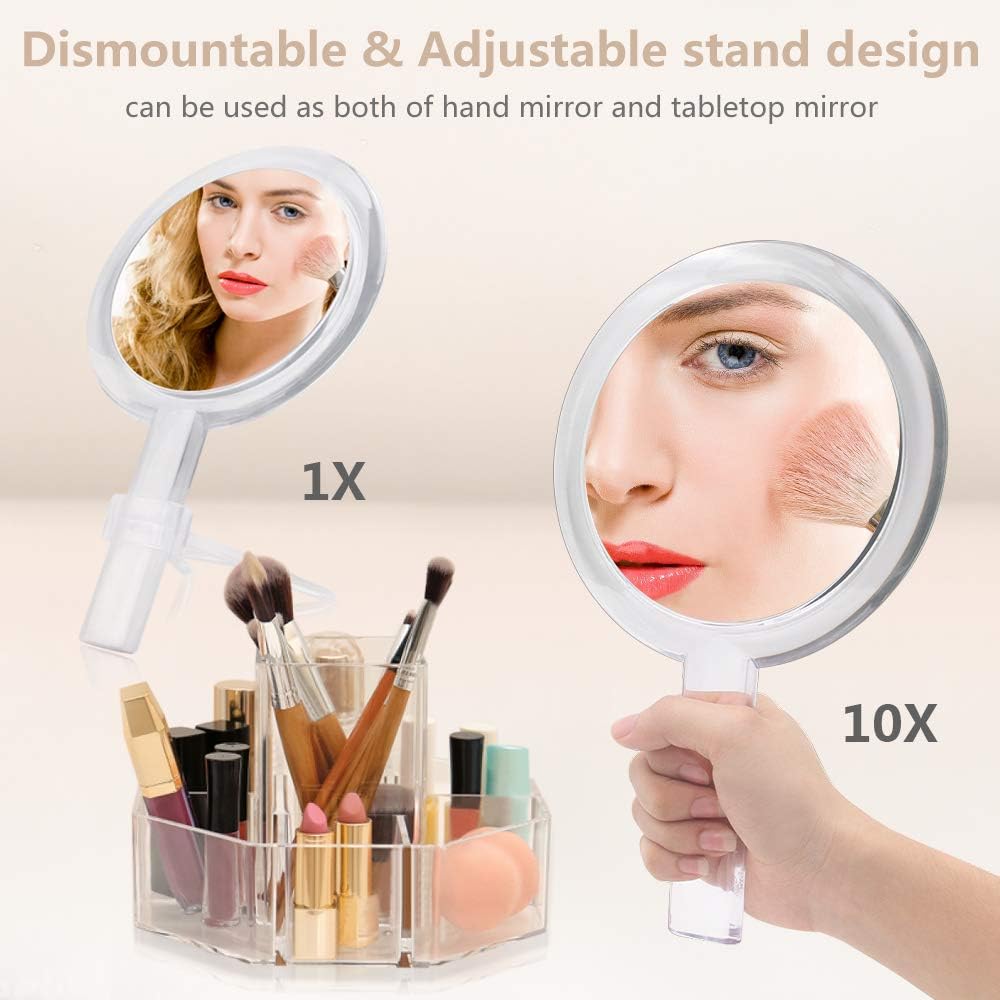 1X & 10X Magnifying Double Side Hand Makeup Mirror with Stand, Handheld V...