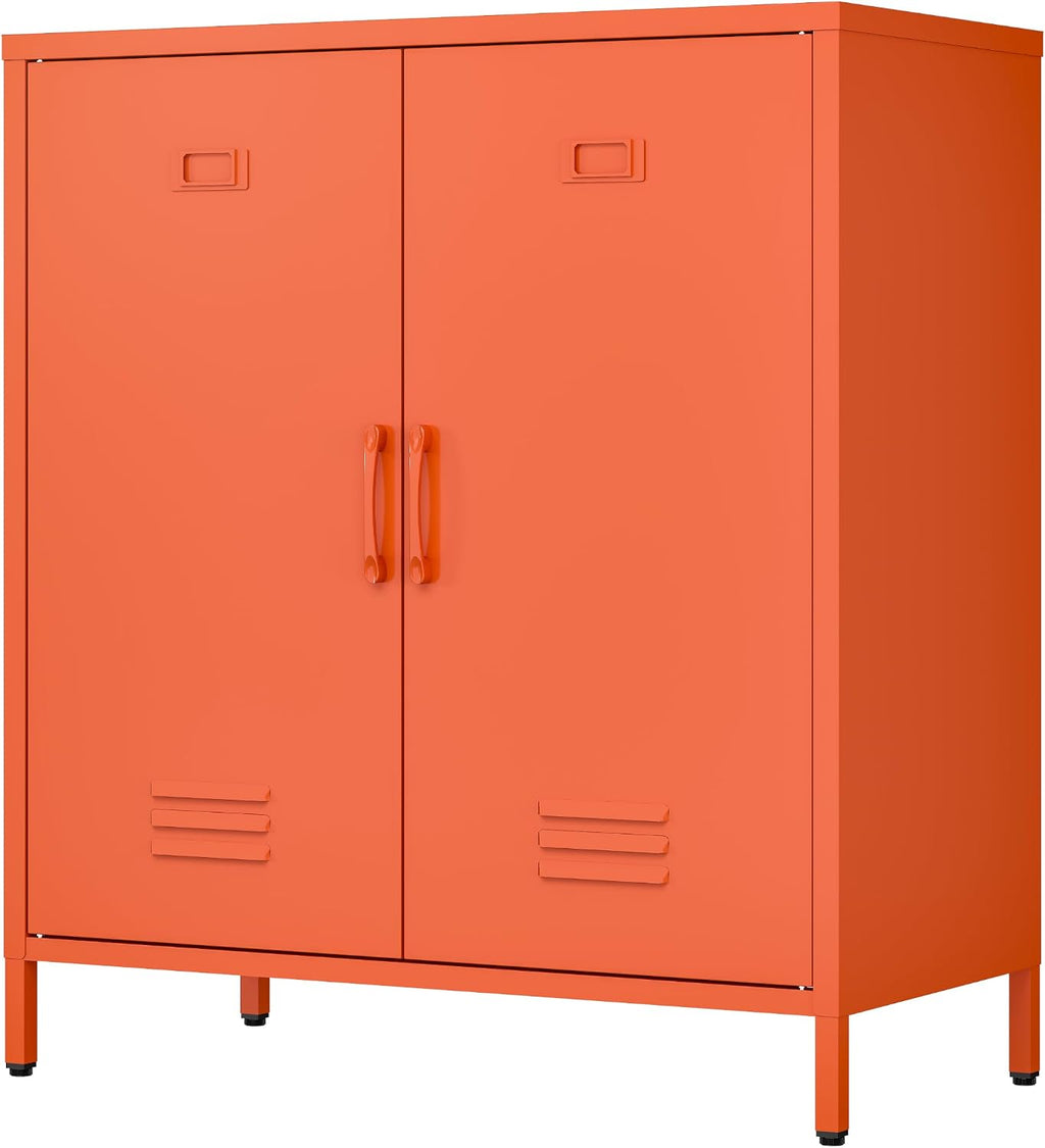 Metal Storage Cabinet with Adjustable Shelves & Magnetic Doorstops, 2-Door Metal Side Cabinet, Storage Cabinets for Living Room Kitchen Office,Orange