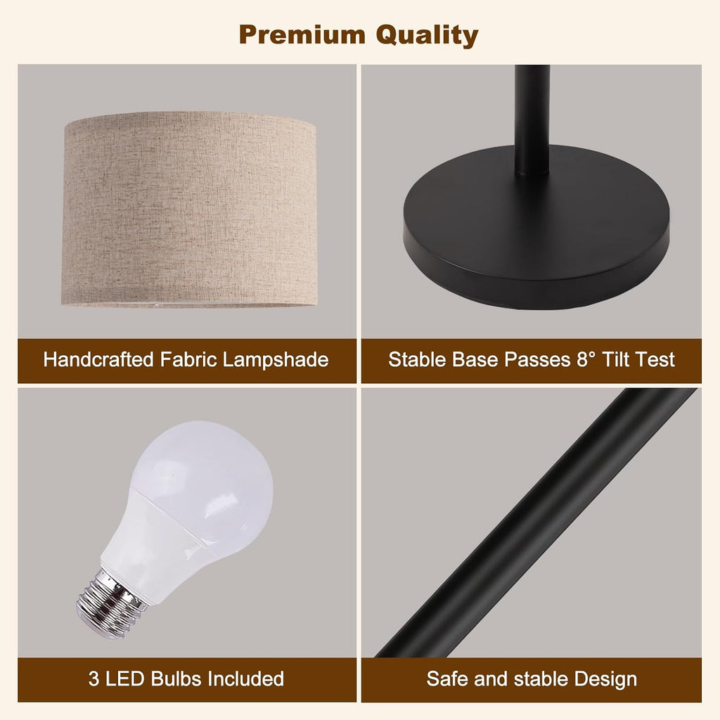 3 Light Arc Floor Lamp with Remote, Beige Shade Black Pole