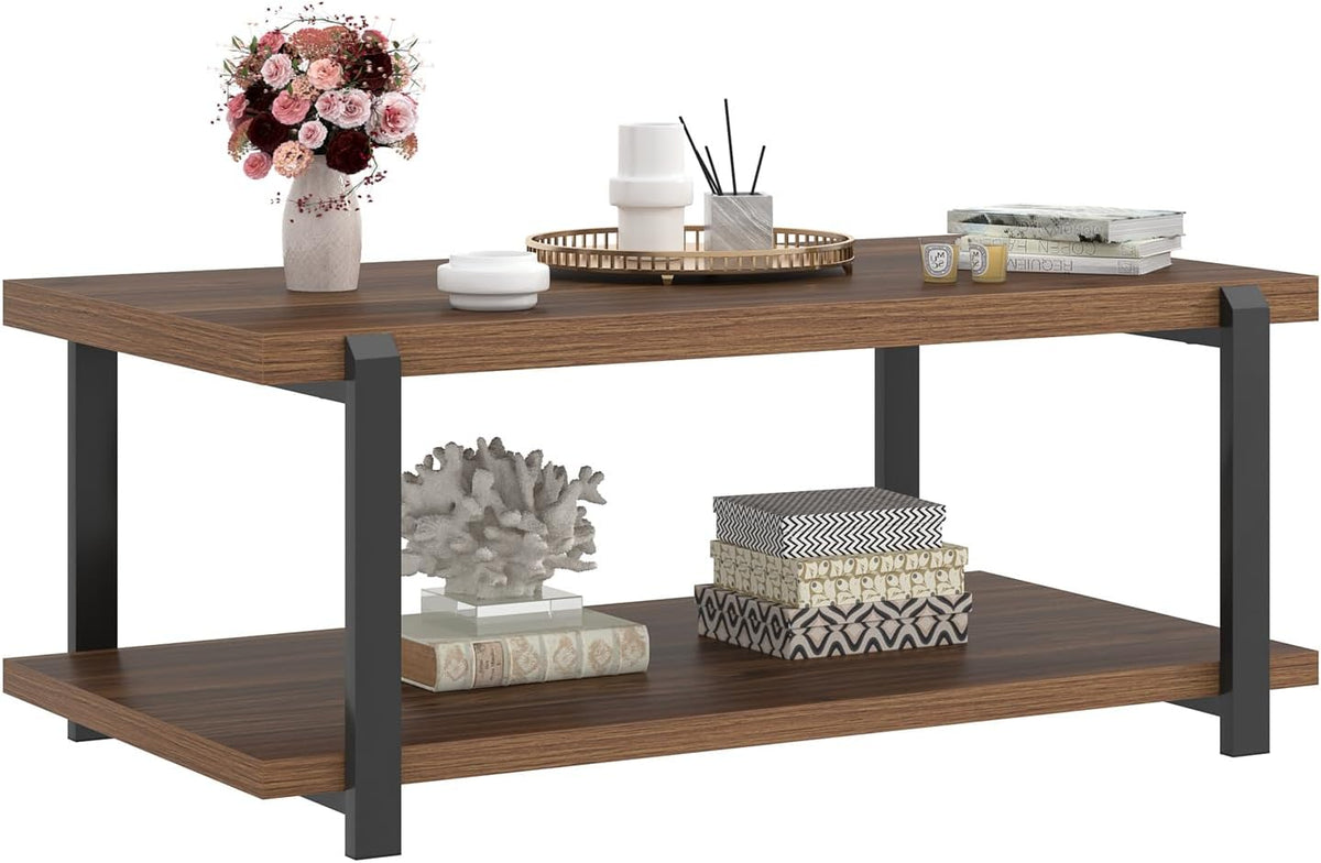 FOLUBAN Modern Coffee Table with Storage Shelf, Rustic Wood Center Table for Living Room, Walnut