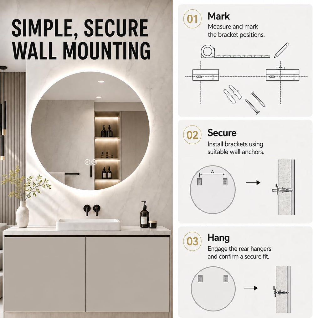 LAIYA 28 Inch Round LED Bathroom Mirror Frameless Backlit Anti-Fog Dimmable