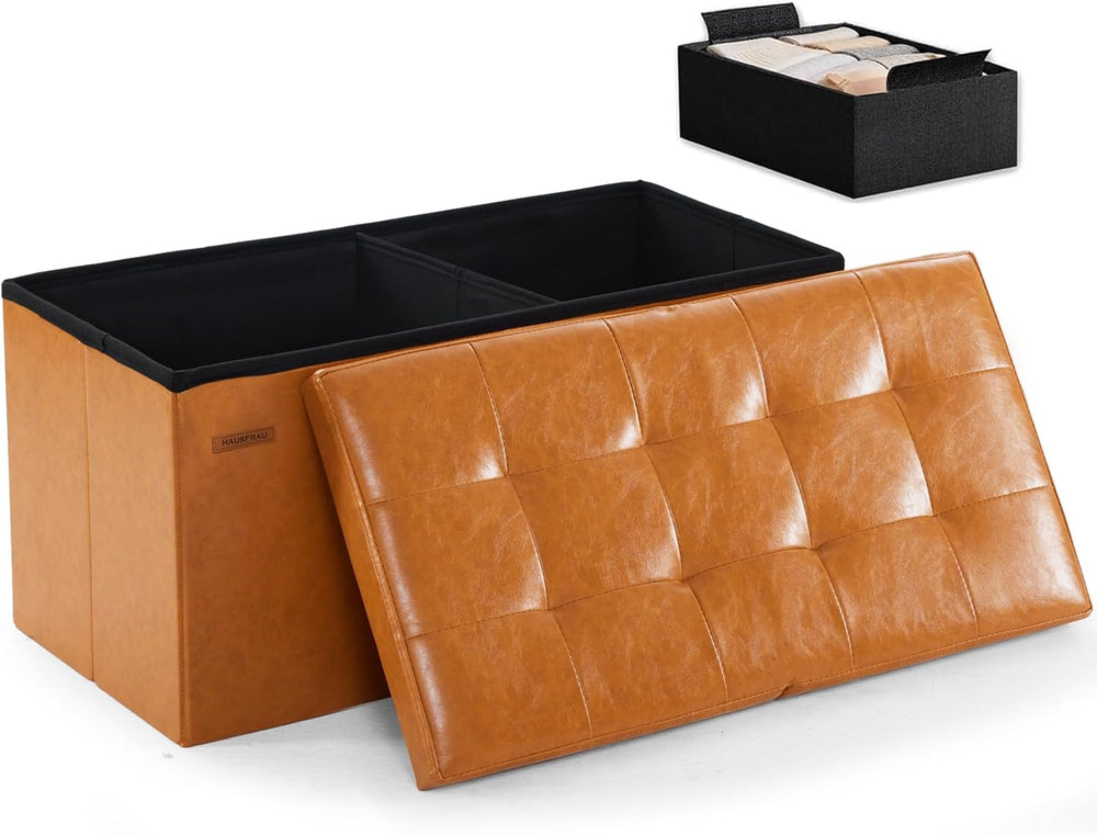 HAUSFRAU Ottoman with Storage Bench Folding Foot Rest Stool Cognac Brown