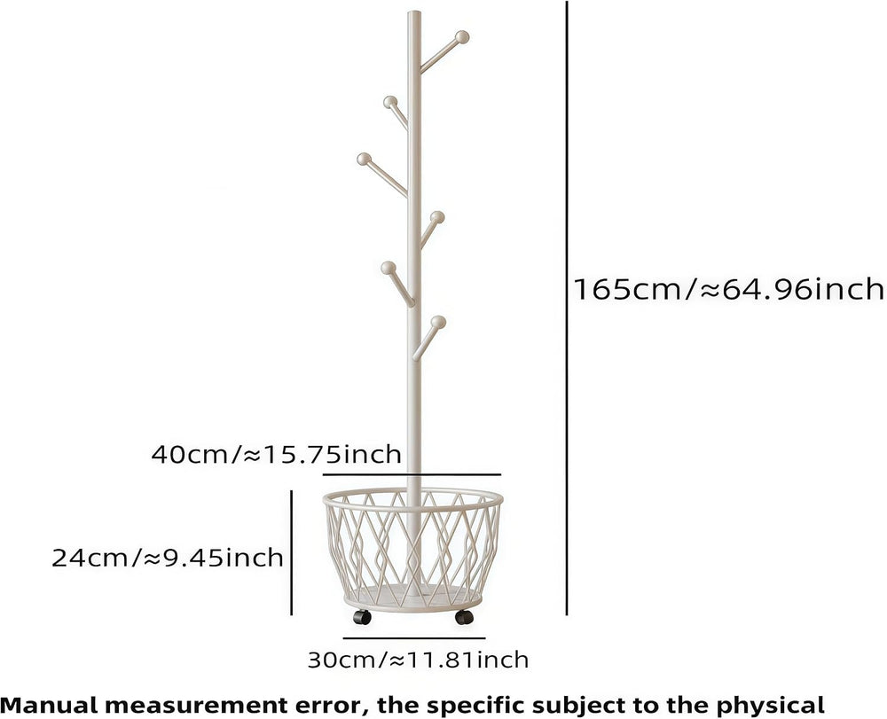Off-White Moveable Tree Metal Coat Rack with Basket Freestanding 65"