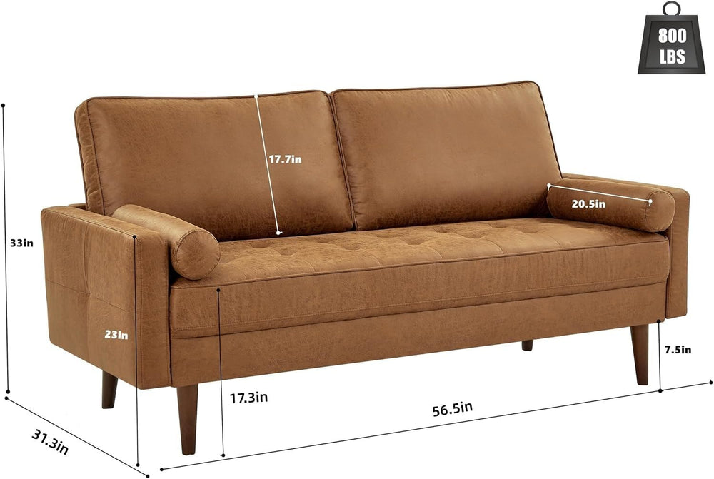 HIFIT 57" Loveseat Sofa Couch, Mid Century Modern Faux Leather Couch, Brown