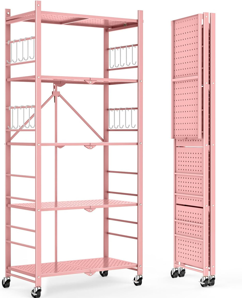 Himix 5-Tier Folding Storage Shelves with 20 Hooks Wheels Home Pink