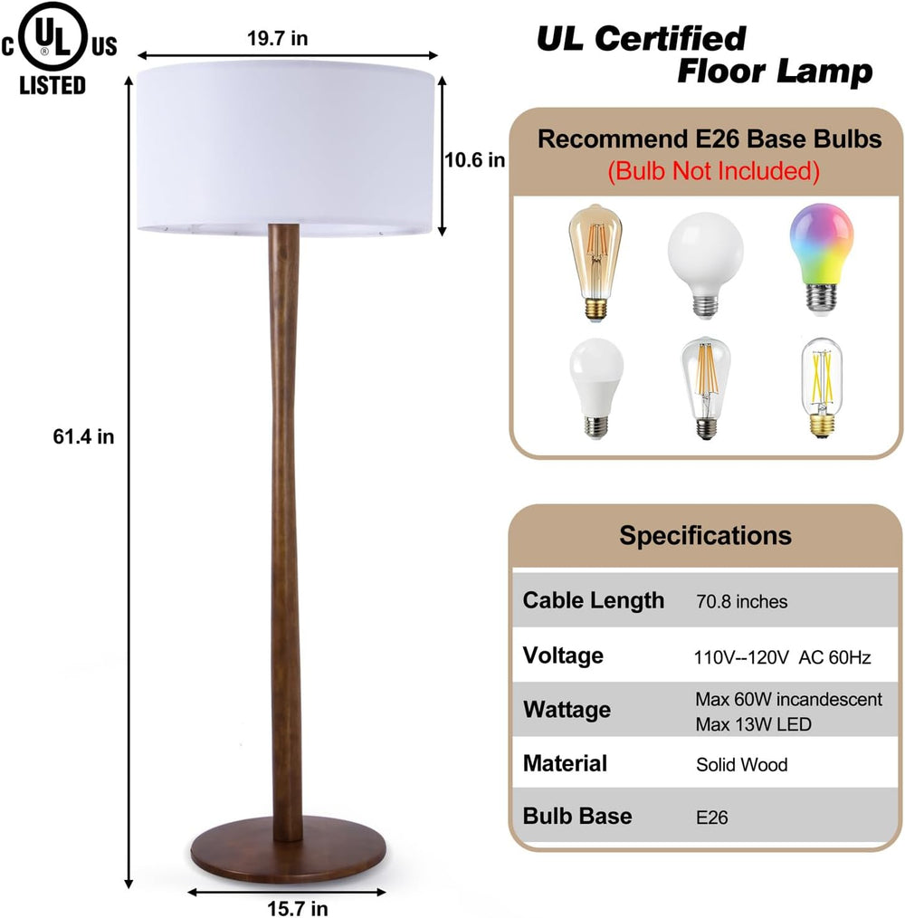 62" Tall Rustic Walnut Wood Floor Lamp with Large Linen Shade, White