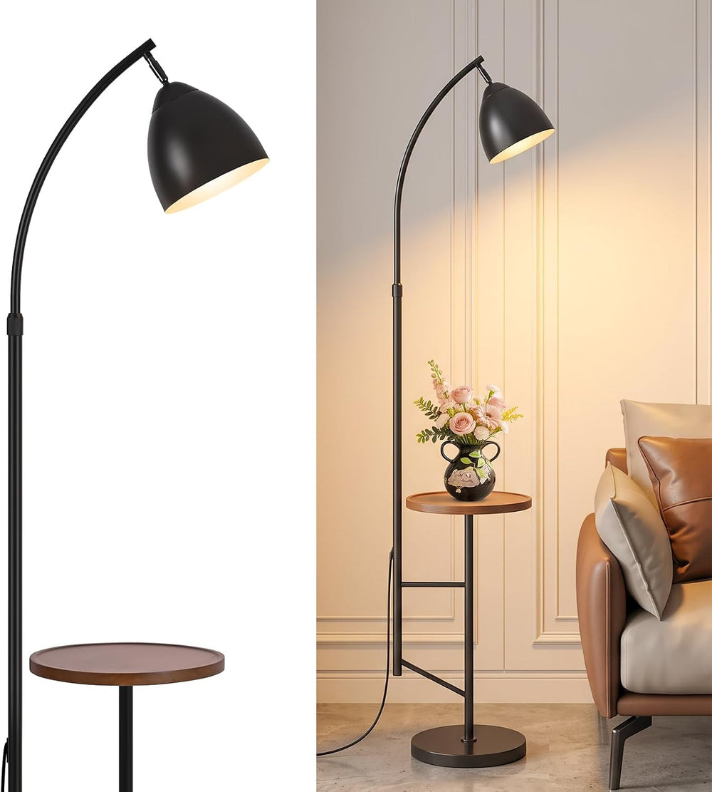 Black Arc Floor Lamp with Table, Adjustable Height & Iron Head