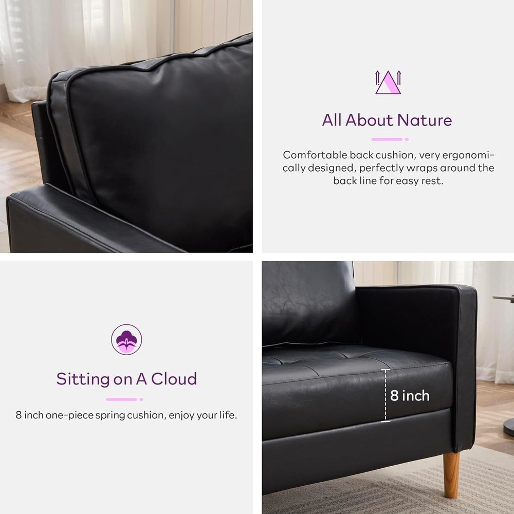 Small Black Faux Leather Sofa Couch, 3 Piece Living Room Set (Black, 3)