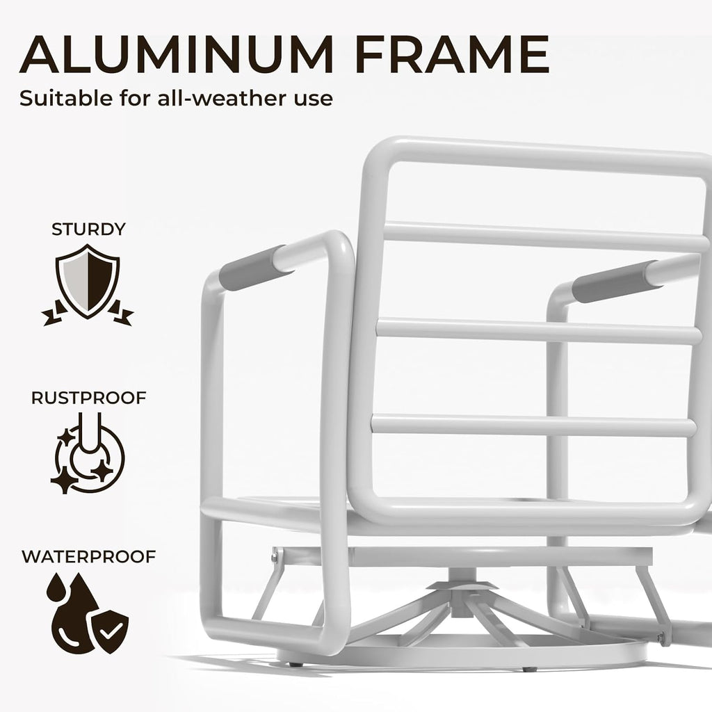 3 Piece Patio Outdoor Aluminum Swivel Rocking Chair with Coffee Table and 6.7" Thickened Cushions, All Weather Outdoor Furniture Chairs for Garden, Poolside, Deck-White