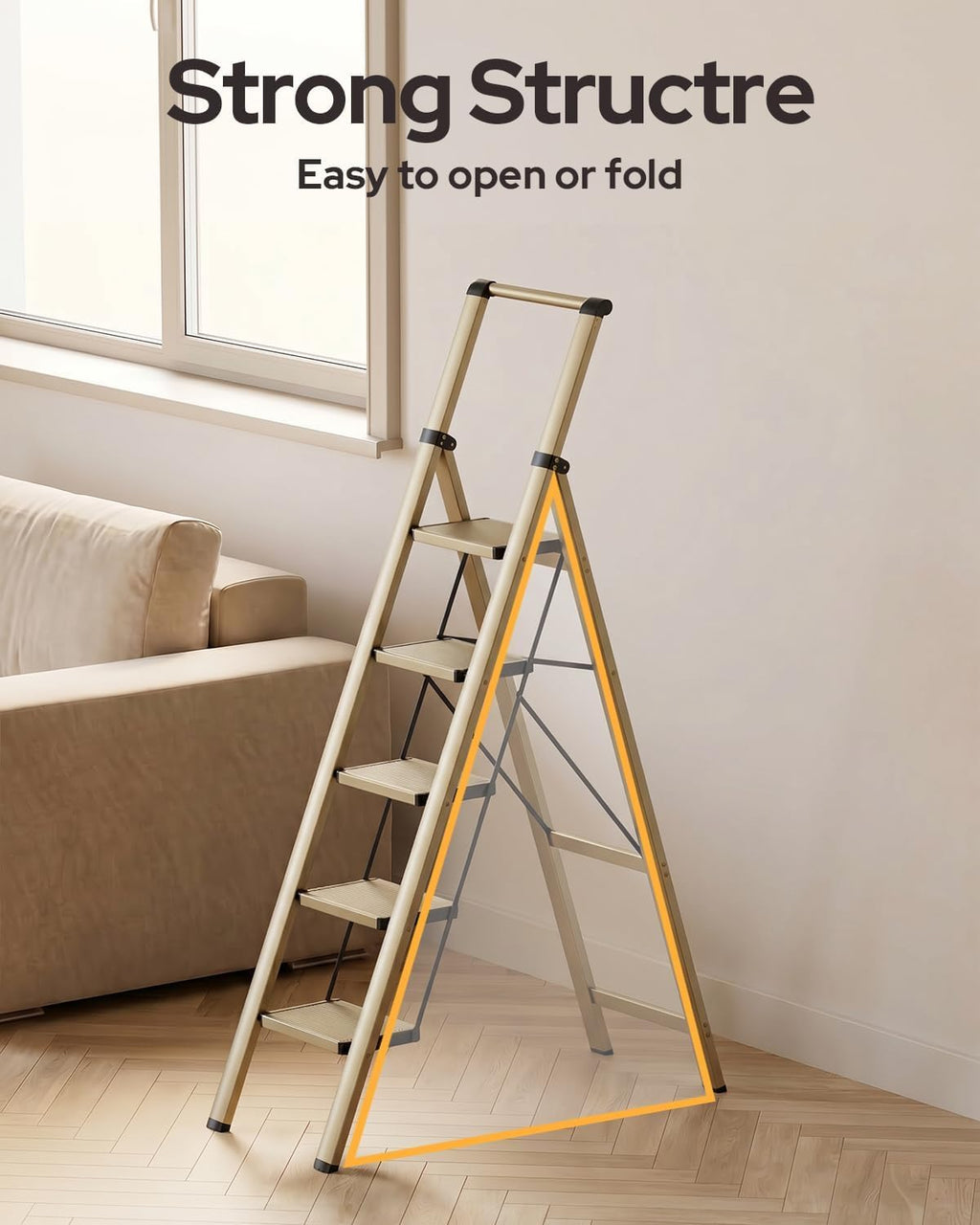5 Step Ladder, Foldable 5 Step Stool, Gold