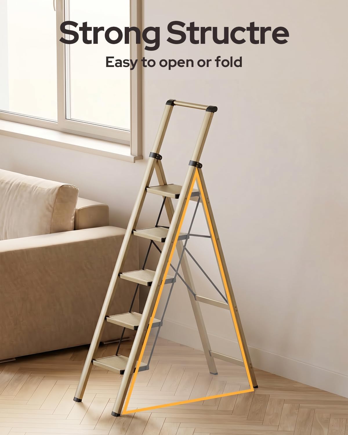 5 Step Ladder, Foldable 5 Step Stool, Gold