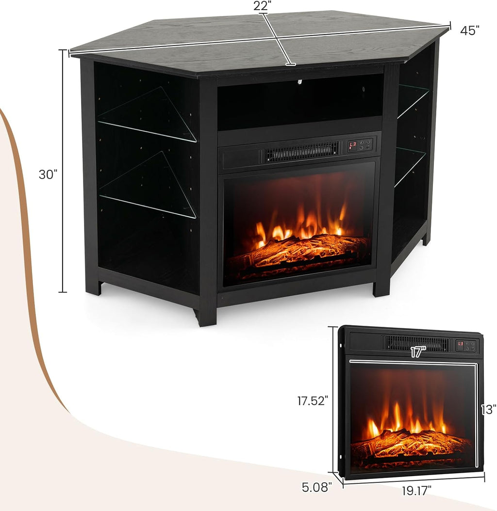 RELAX4LIFE Corner Fireplace TV Stand - Electric Fireplace Entertainment Center w/Heater Insert, LED Lights, APP Control & Adjustable Shelves, Media Console Cabinet for TVs up to 50’’ (Black)
