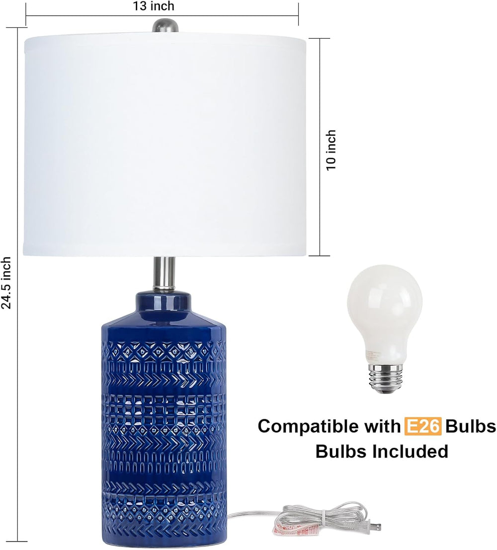 JUNNAI 24.5" Navy Blue Table Lamp Modern Bedside Ceramic Lamps for Livin...