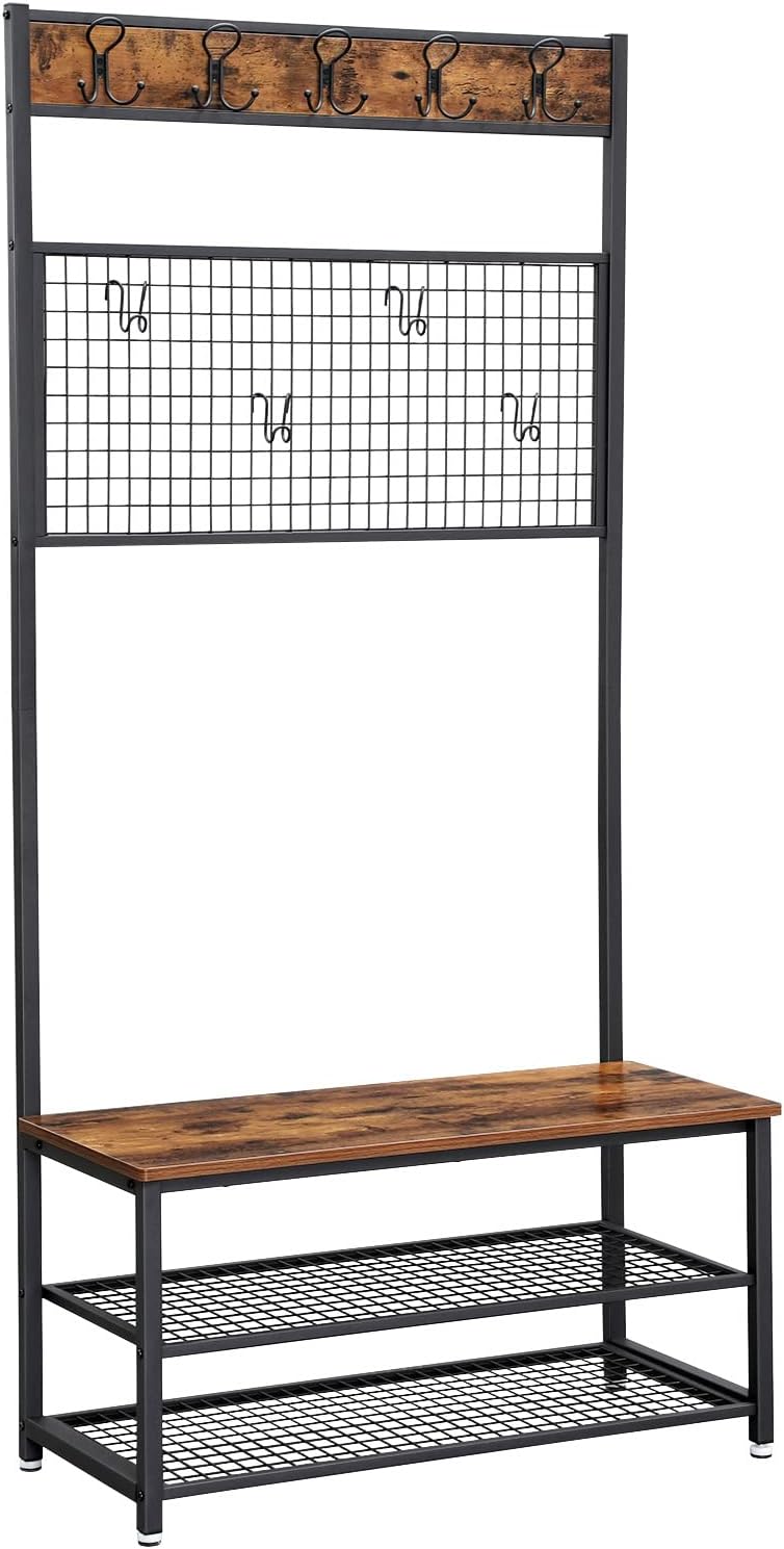 VASAGLE Coat Rack and Storage Bench, Hall Tree with 9 Hooks, Iron Frame
