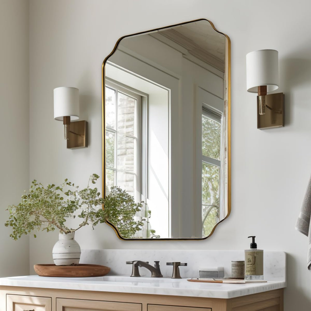 ANDY STAR 24"x36" Gold Mirror, Brushed Brass Scalloped Wall Mirror,...