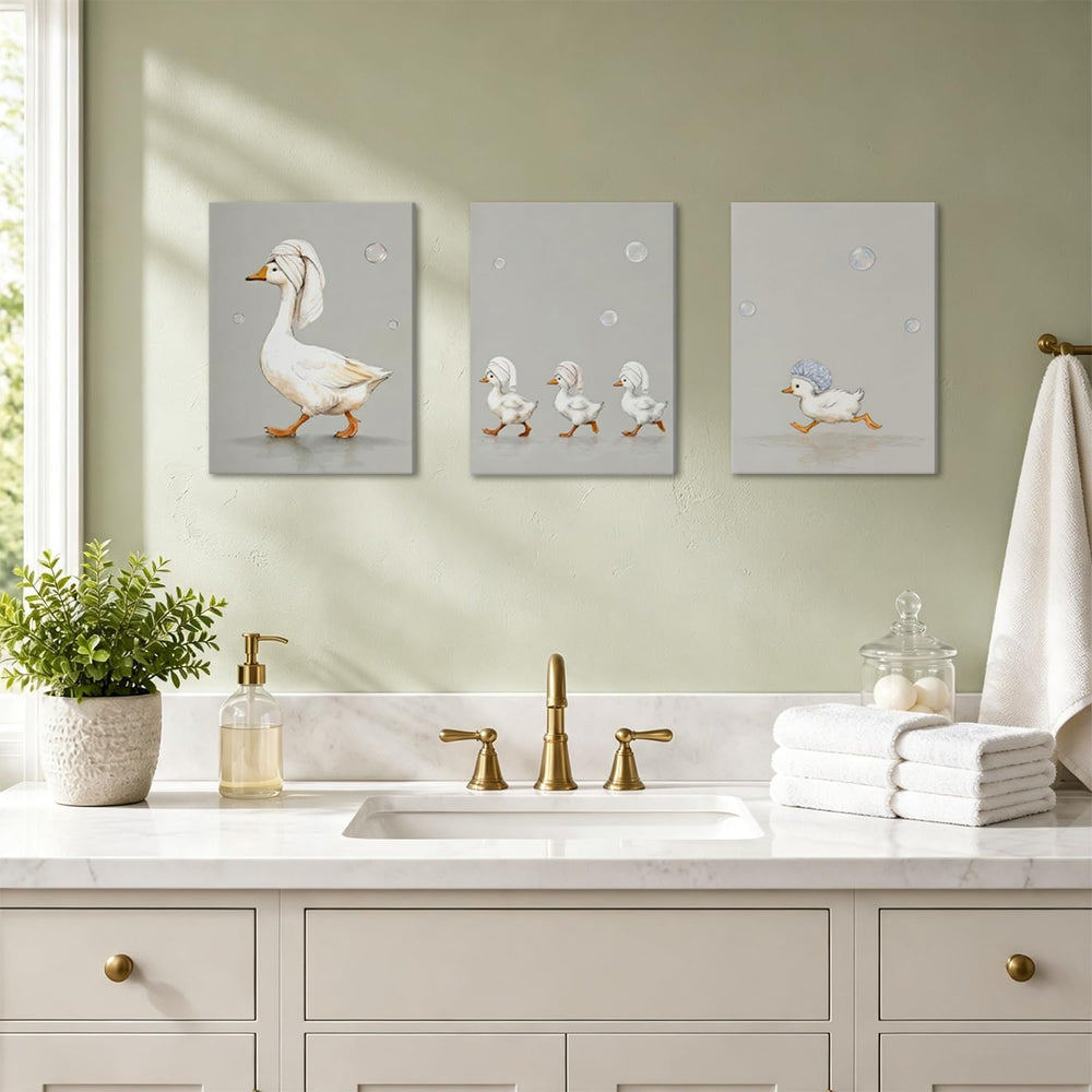 Funny Goose Bathroom Wall Art Set of 3, Cute Duck Bath Wall Decor Painting, W...