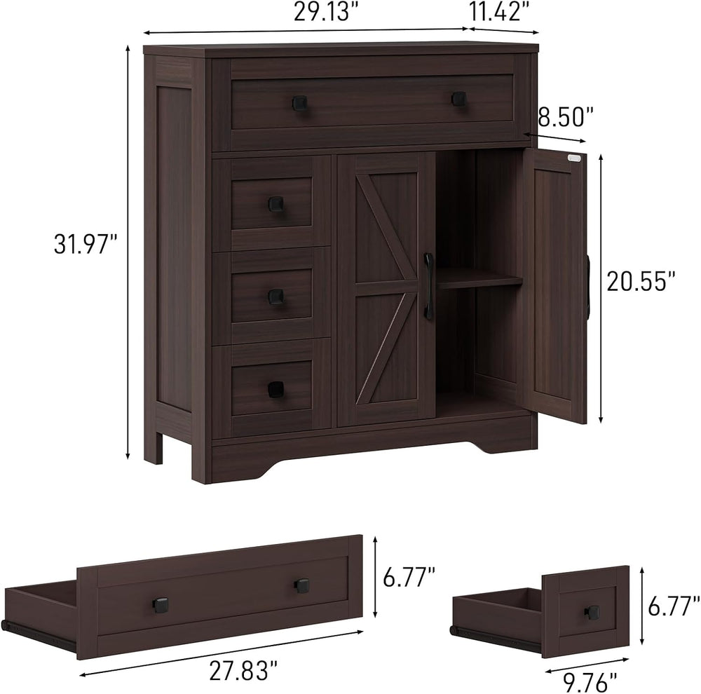 Vabches Farmhouse Storage Cabinet with 2 Doors and 4 Drawers, Espresso