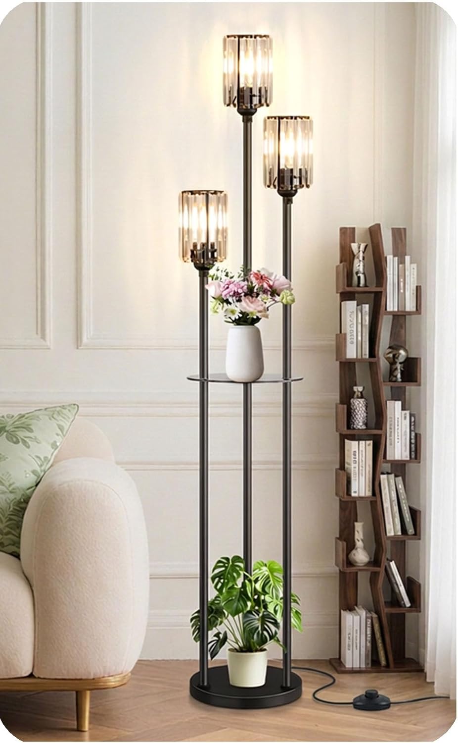 Crystal Standing Floor Lamp with Shelves for Living Room 67" Tall Black