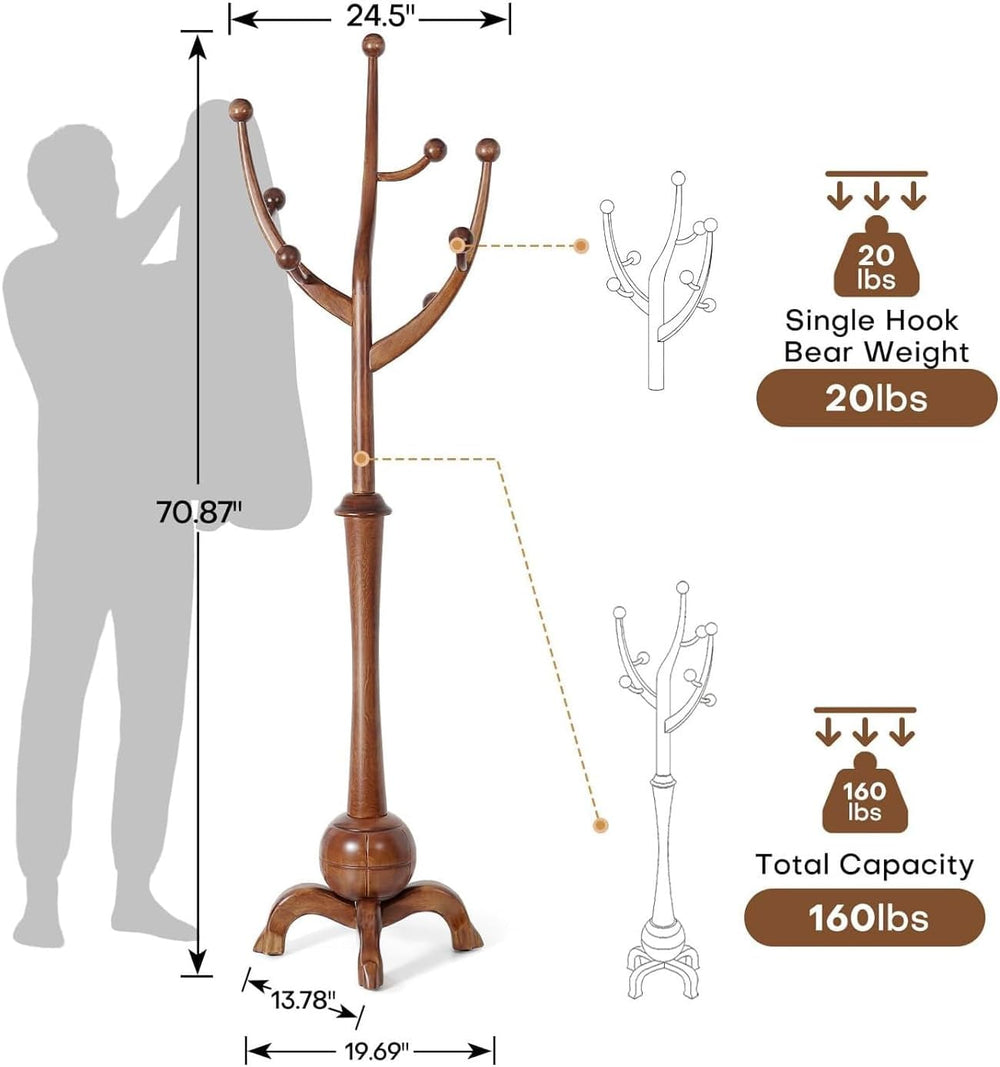 Wooden Coat Rack Freestanding Coat Tree with 8 Hooks, Walnut