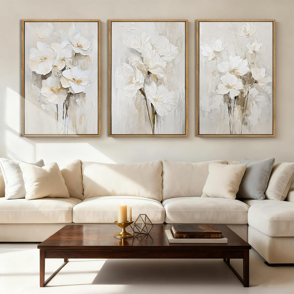 Anyzal Framed Neutral Beige Floral Wall Art Large 16x24 Inch White Cream Flow...