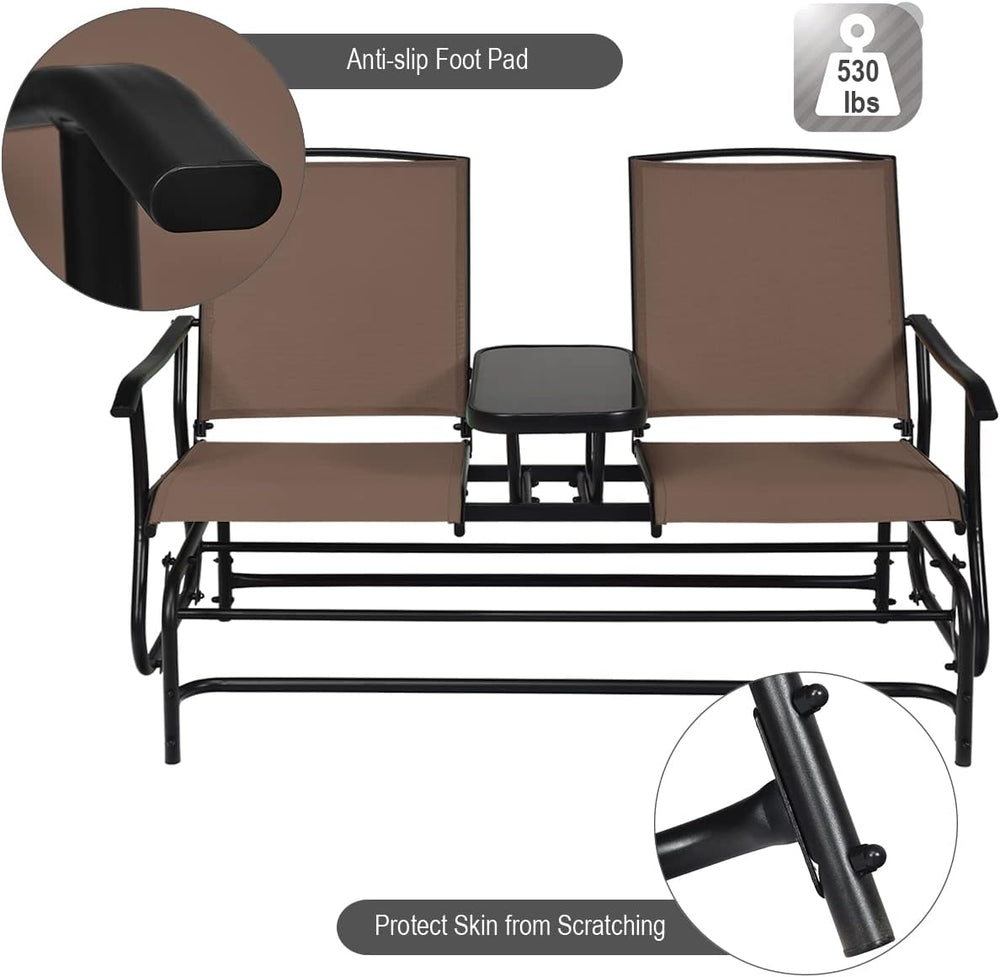 GIANTEX Patio Bench Glider Chair with Metal Frame, Center Tempered Glass Tabl...