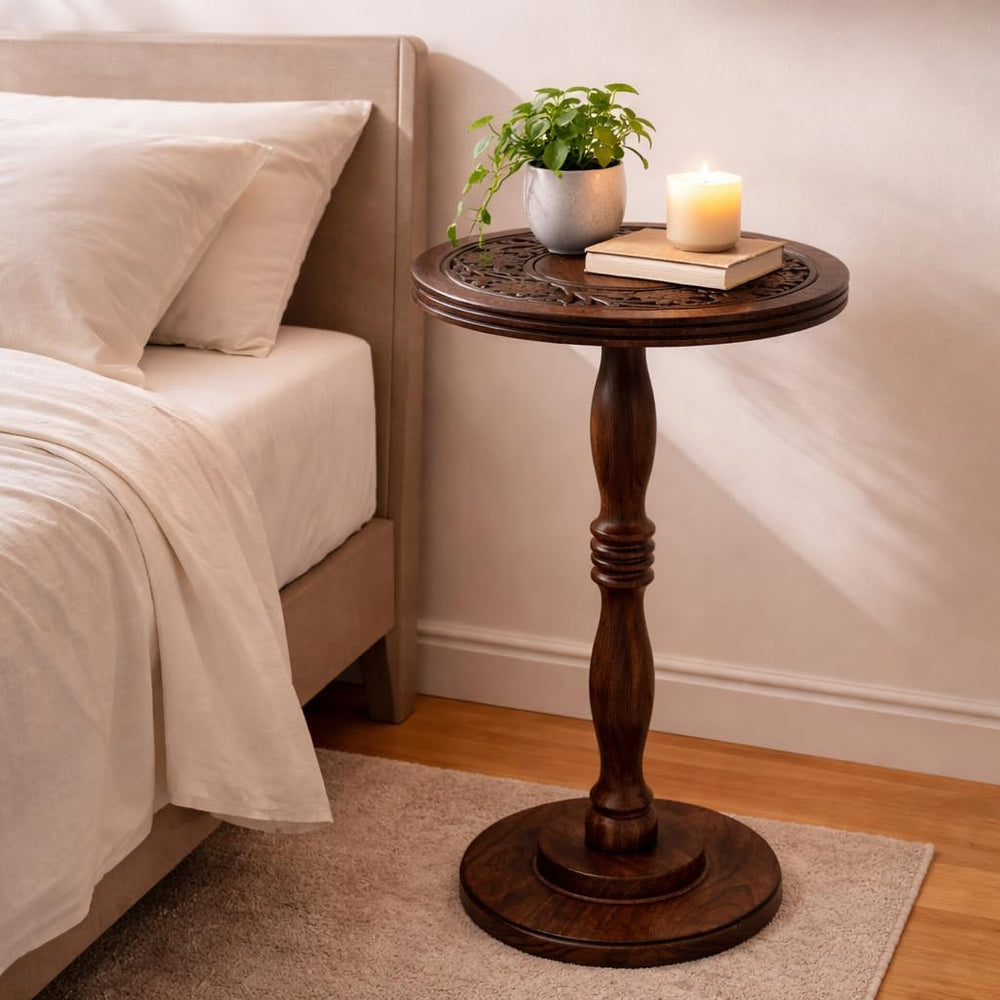 Mango Wooden Accent Table 12x22 Round Handcrafted Carved Side Table