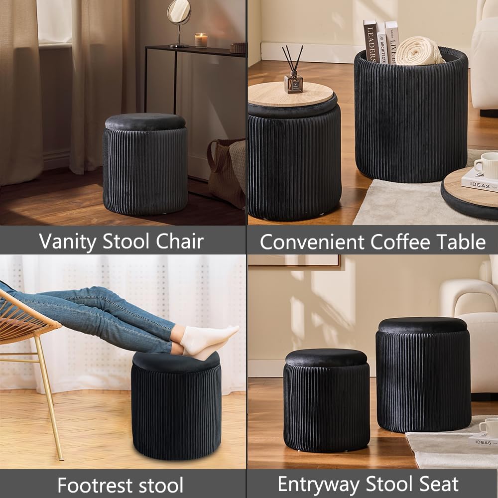 BLEXA Round Ottoman with Storage, Set of 2, Velvet Vanity Stool, Black
