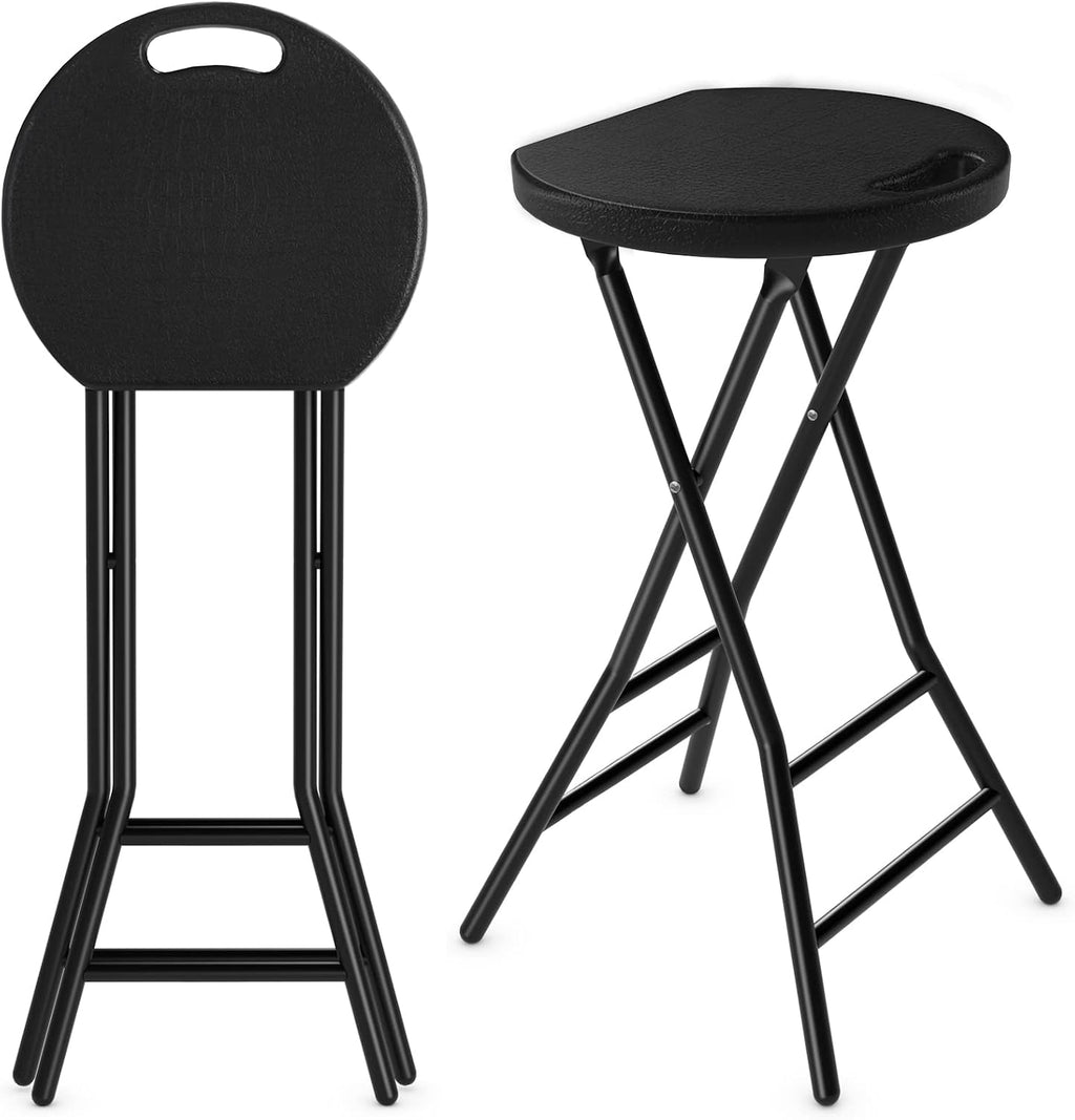 5Rcom Folding Stool,2 Pack 24 inch Tall Folding Bar Stool with Handle, Metal and Plastic Foldable Stool for Adults with Steel Frame Legs, 550lbs Capacity, Black
