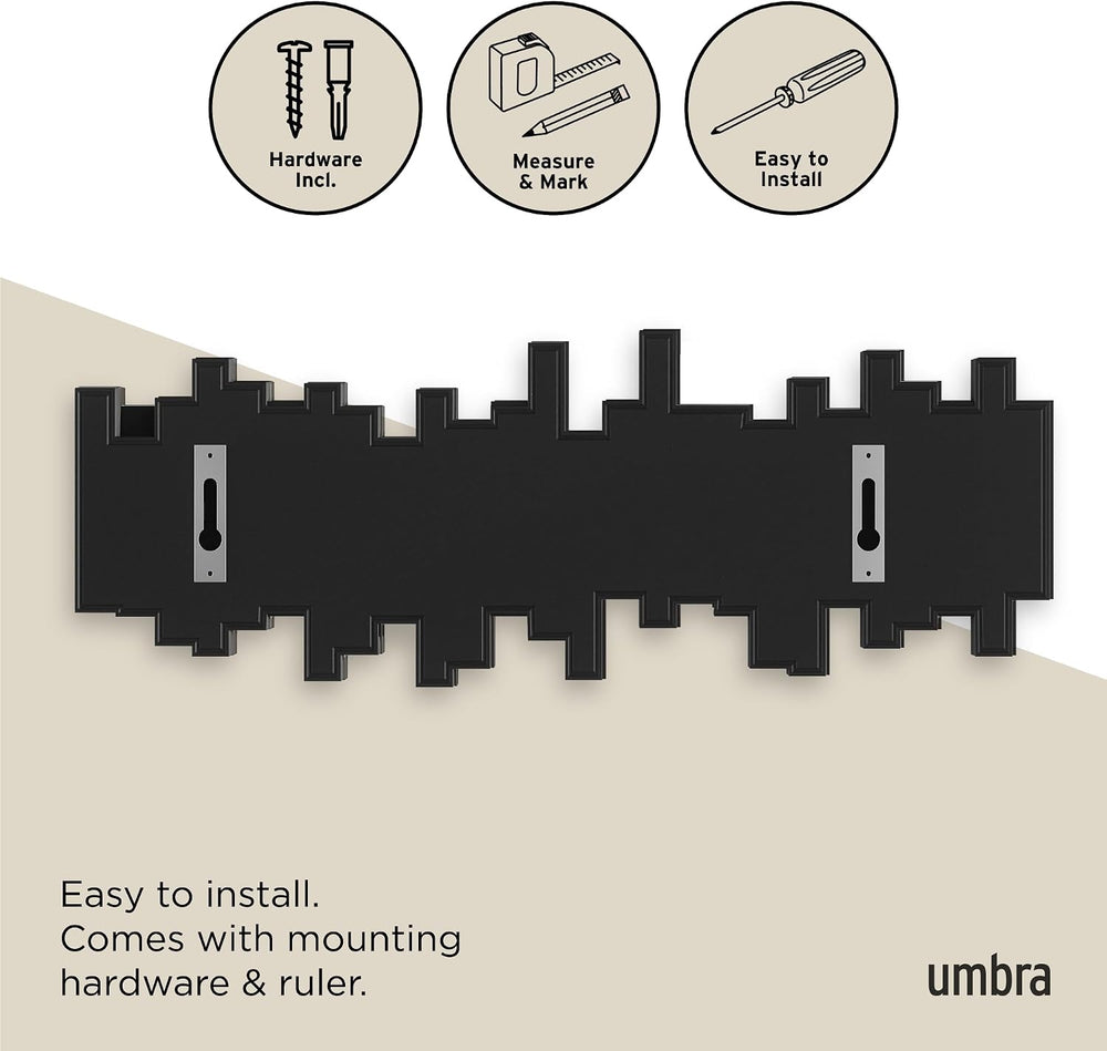 Umbra Sticks Wall Mount Coat Rack, 5 Hook Retractable Pegs, Black