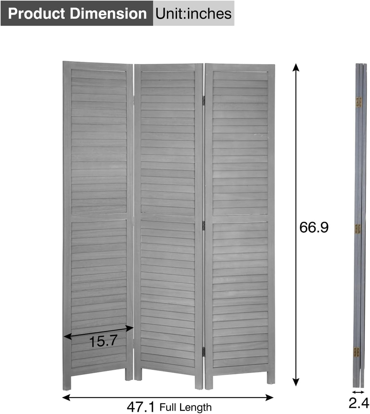 3 Panel Wood Room Divider 5.7 Ft Tall Privacy Wall Divider 67.7" x 16.9" Each Panel Folding Wood Screen for Home Office Bedroom Restaurant （Gray）