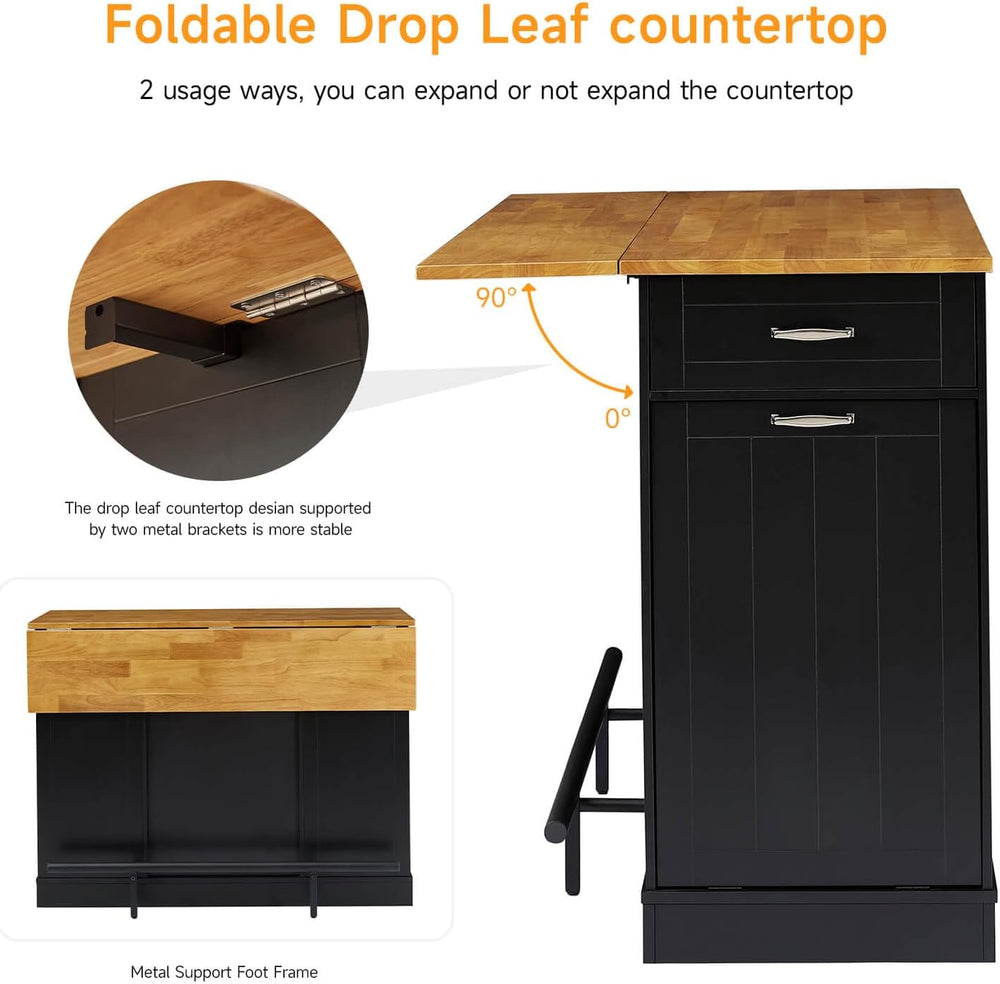 ONBRILL 47" Kitchen Island with Trash Can Storage, Include 2 Chairs, Black