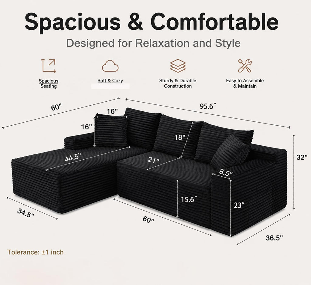 96" Cloud Boneless Sectional Couches with Chaise for Living Room