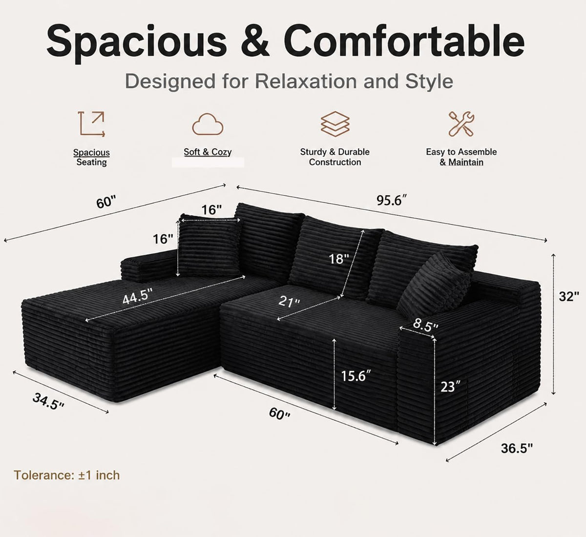 96" Cloud Boneless Sectional Couches with Chaise for Living Room
