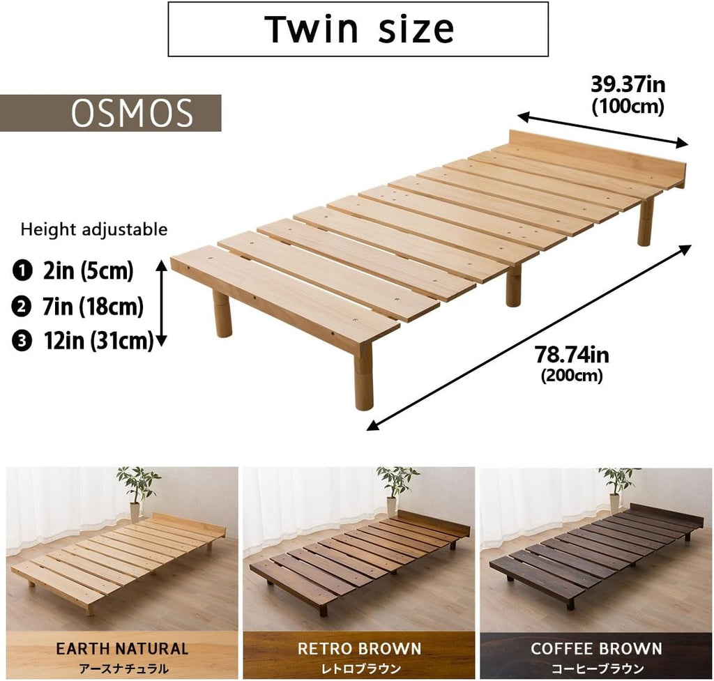 EMOOR Japanese Futon Mattress & Wood Slatted Bed Set Machi-OSMOS Twin (Coffee-Brown), Solid Pine 3-Heights Adjustable Easy-Assemble Japanese Sleeping Bed Tatami Mat