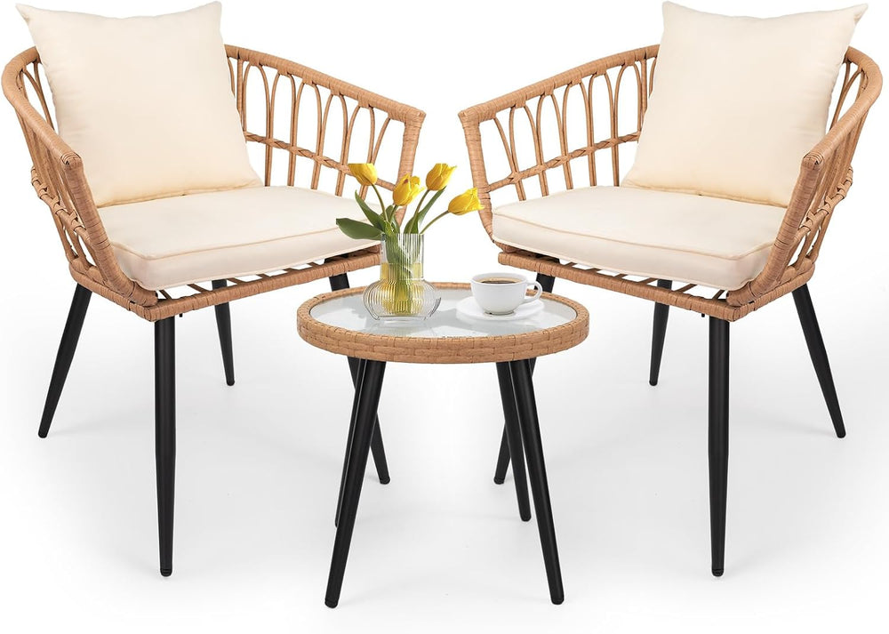 3-Piece Patio Dining Set, Featuring a Round PE Rattan Table and 2 Chairs, Sui...