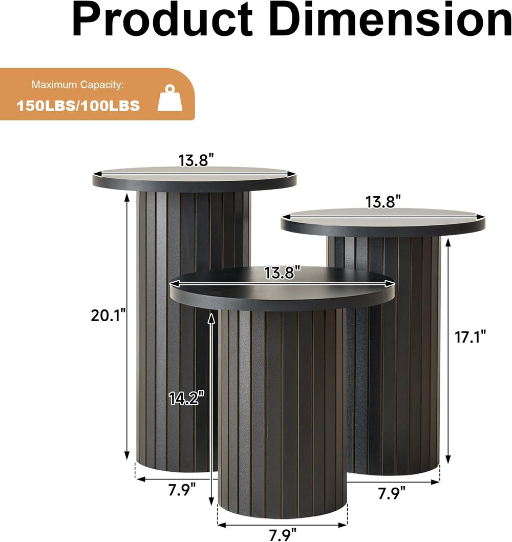 3-Piece Nesting Coffee Table Set Small Round Side Tables, Black