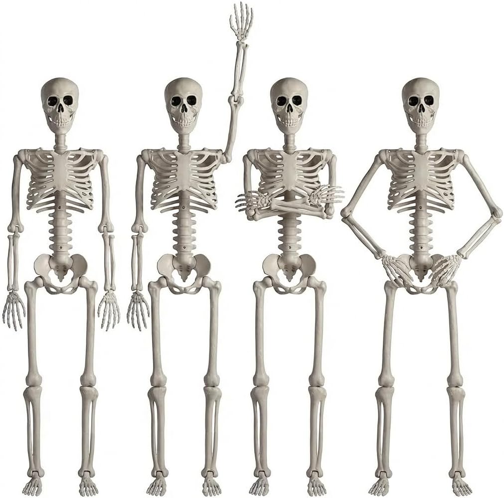 4Pack 36 Inches Pose-N-Stay Halloween Skeleton Life Size Full Body Posable Movable Jonints for Halloween Decoration Decor