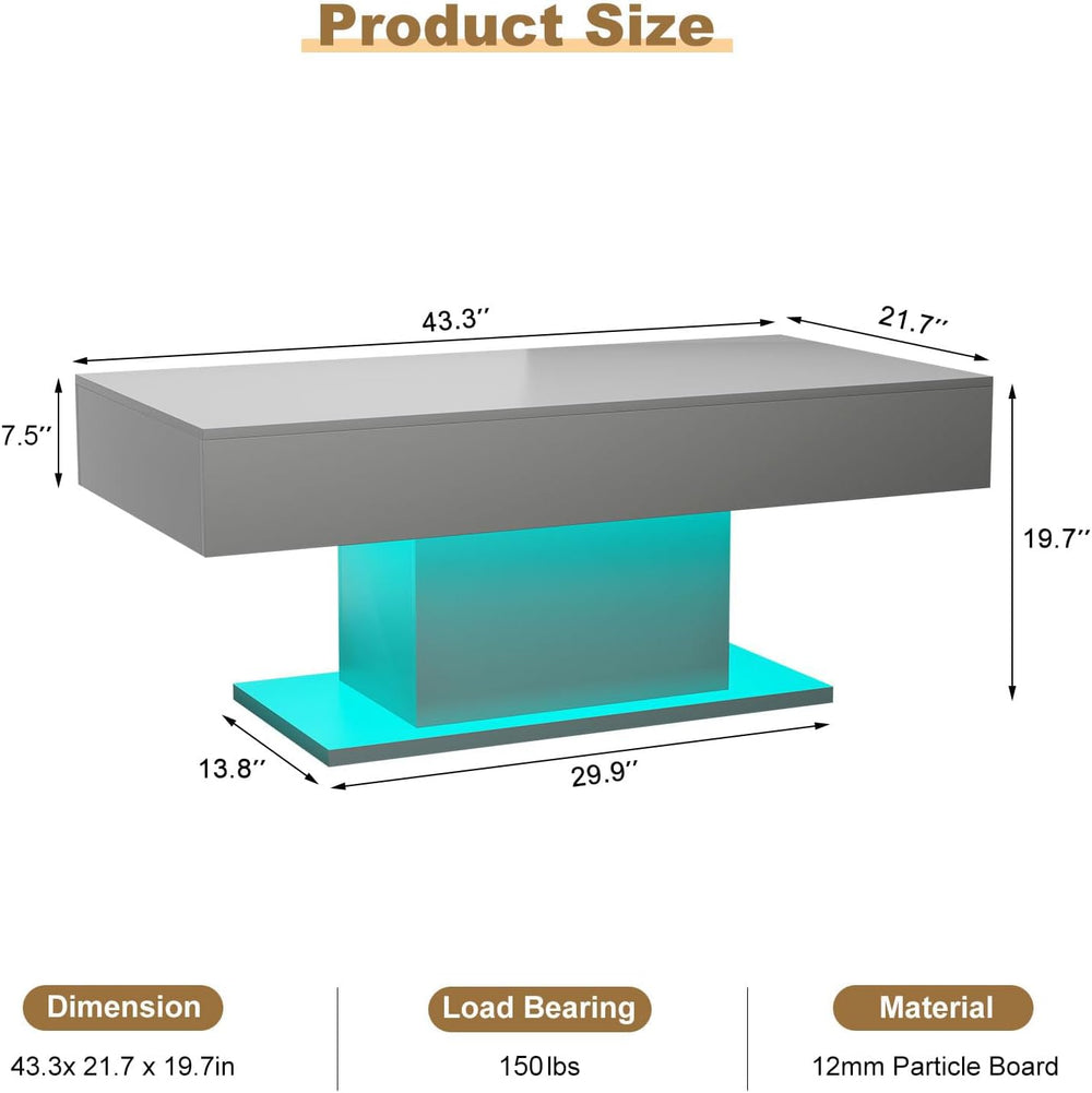 HedoAjim Grey Led Coffee Table for Living Room, Rectangular Center Table