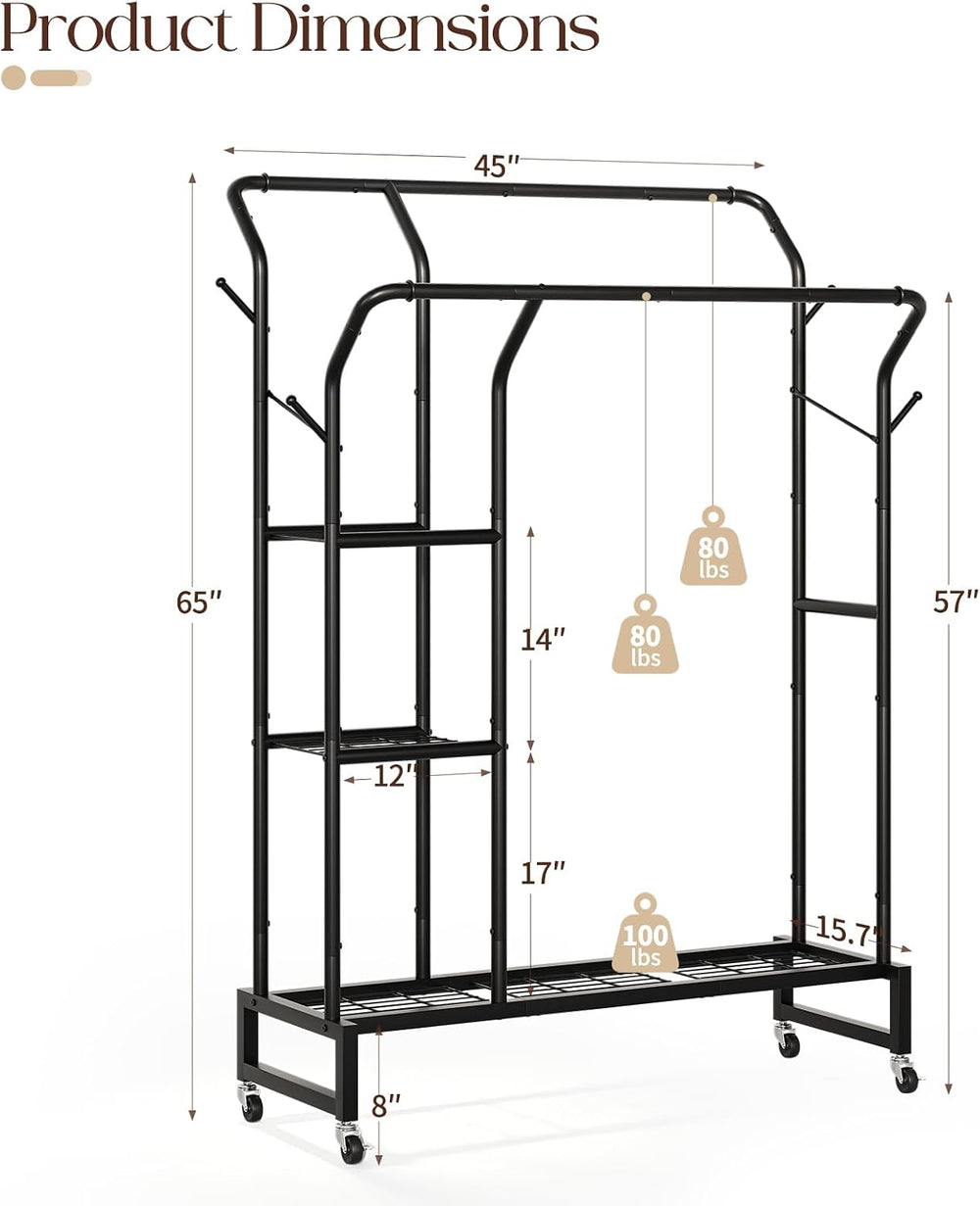 Yoobure Double Rods Clothes Rack - Portable Clothing Rack with Wheels, Rollin...
